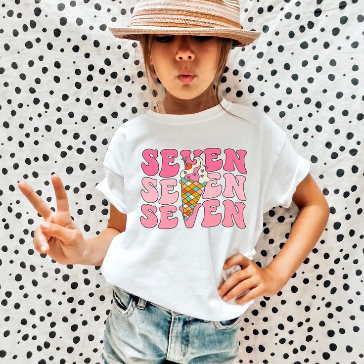 7th Birthday Shirt Girl, Seventh Birthday Girl Shirt, 7th Birthday Outfit For Girls, Ice Cream Birthday, Youth Birthday Shirt, Birthday Tee  SIZING   ❥ Runs true to size.  ❥ Sleeves are rolled up in some product pictures, they will not come rolled up on delivery.  DELIVERY TIMES   ❥ We take about 1-5 business days to create the items.  ❥ Everything is printed and hand made just for you. On average your order will be sent out within 3 days of ordering. ❥ Estimated shipping delivery time in US is Kids Valentines Shirts, Outfit For Everyday, School Field, Babe Shirt, Funny Conversations, Anti Valentines Day, Cheap Vinyl, School School, Field Trips