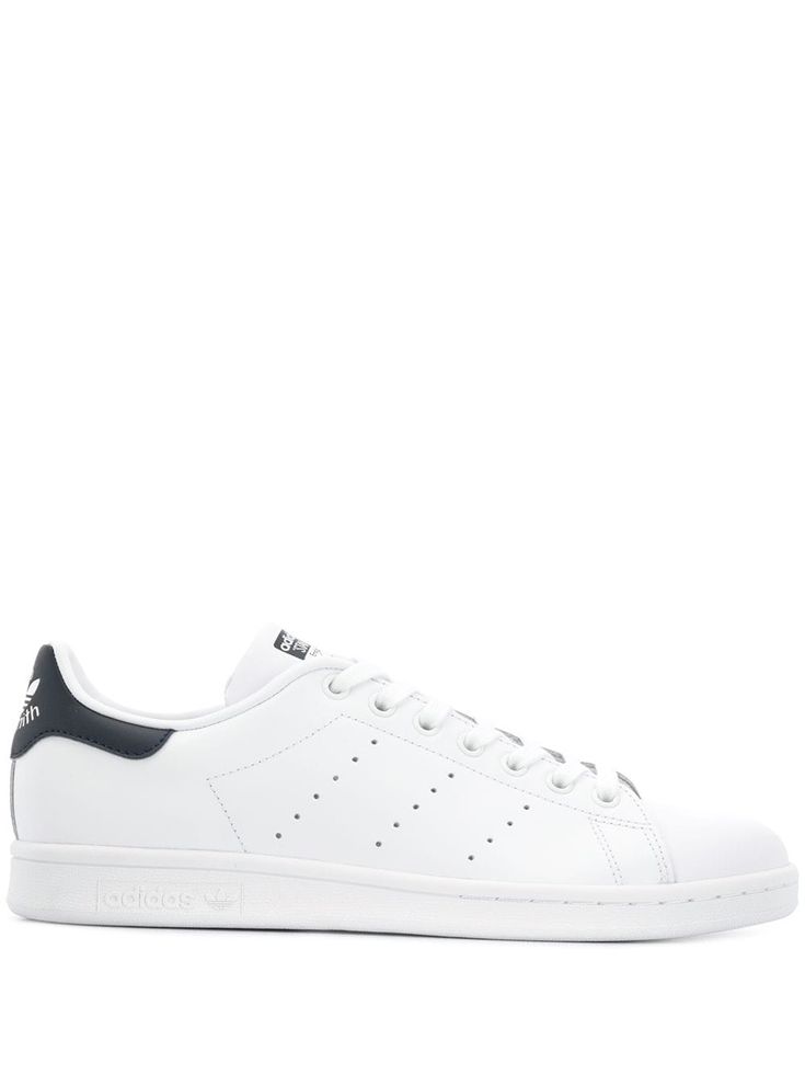 Stan Smith sneaker by ADIDAS in white and blue leather with fabric lining and rubber sole. This item is in size 8½ and the color is Classic High-top Sneakers With Boost Midsole And White Sole, Classic Skate Shoes For Sports, Classic Skate Shoes With Boost Midsole And White Sole, Classic Skate Shoes With Boost Midsole, Classic Adidas High-top Sneakers With Logo, Classic Adidas Sneakers With Round Toe, Classic Low-top Skate Shoes With Rubber Sole, Adidas Classic High-top Custom Sneakers, Adidas Classic High-top Sneakers