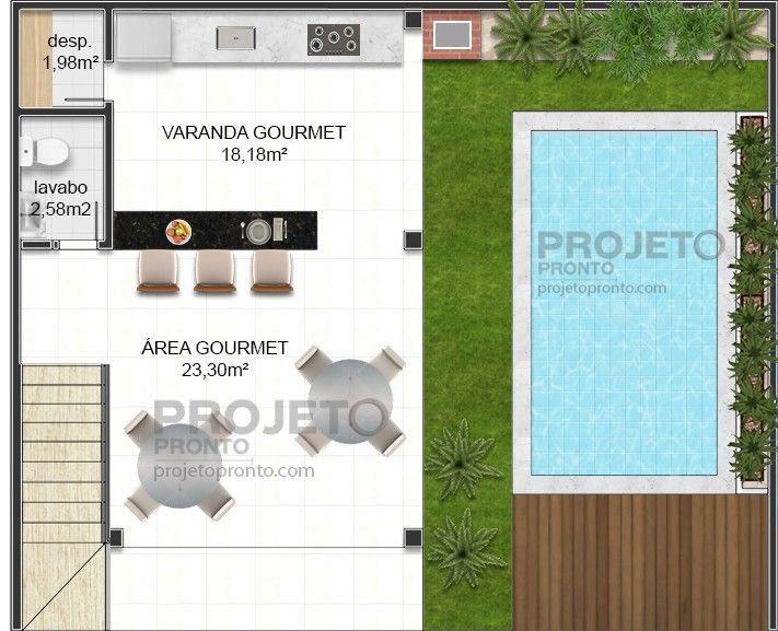 the floor plan for an apartment with swimming pool and garden area in front of it