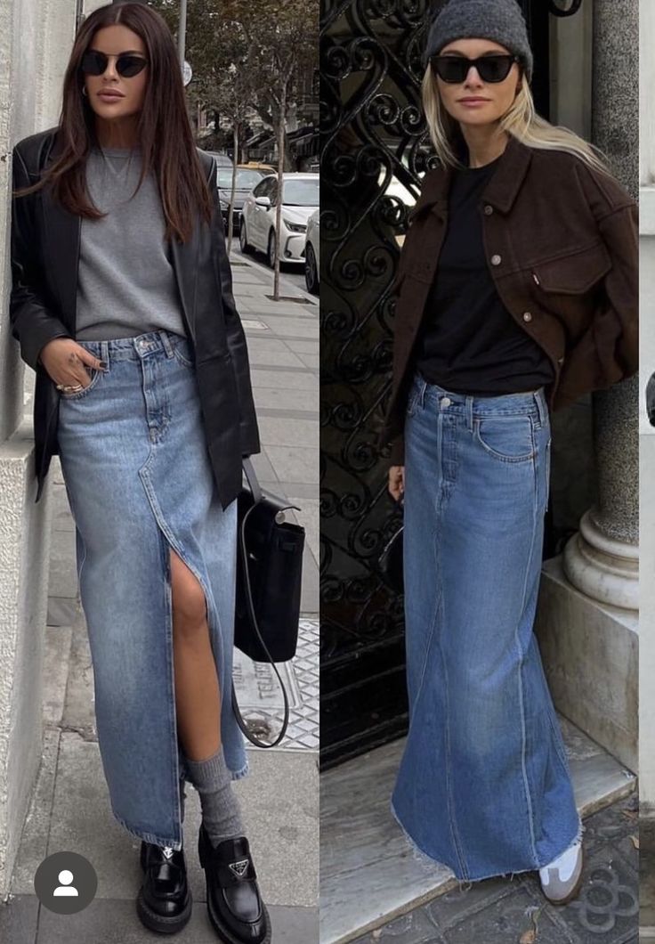 Long Blue Jean Skirt Outfits, Long Denim Skirt Autumn Outfit, Trendy Long Denim Blue Skirt, Chic Full-length Denim Skirt For Fall, Long Denim Skirt Aesthetic, Trendy Long Non-stretch Denim Skirt, Long Jean Skirt Outfits, Gonna Jeans, Stylish Midi Dress