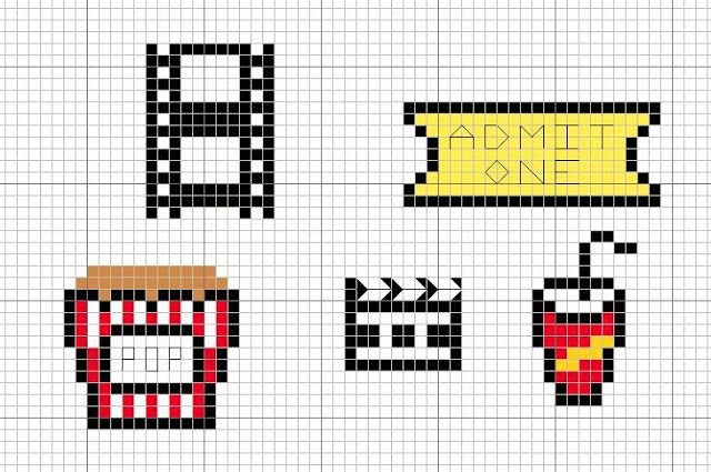 cross stitch pattern with different types of food and drinks on the side, including popcorn, soda