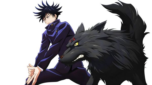 an anime character is sitting next to a wolf