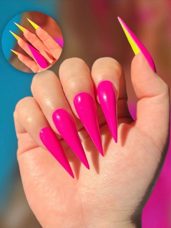 Roller blades, lemonades, and a vibe of simpler times. These hot 80's summer nails take us all the way back. Stiletto Nails Pink, Alcohol Cleanse, Stilleto Nails Designs, Nail Design, Cleansing Pads, Hot Pink Nails, Stiletto Nails Designs, Nail Length, Hot Nails