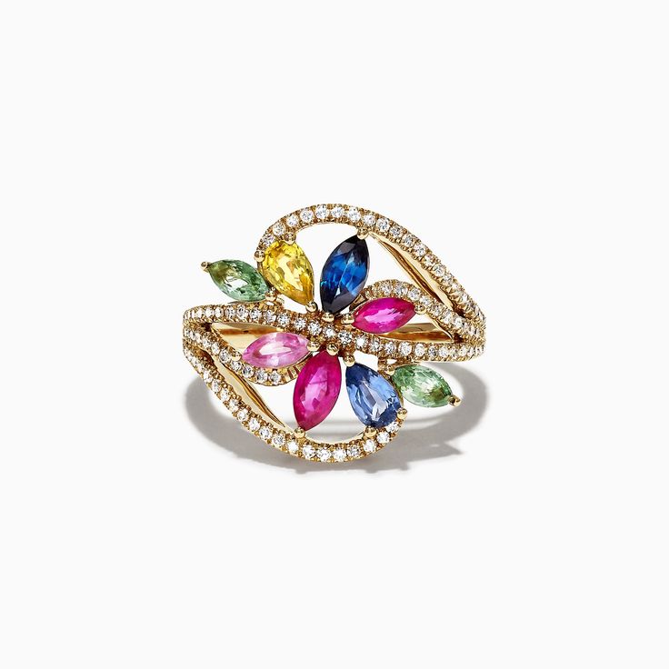 Effy Watercolors 14K Yellow Gold Multi Sapphire & Diamond Ring, 2.15 TCW Stone Ring Design, Sapphire Diamond Engagement, Wedding Rings Round, Colour Stone, Multi Sapphire, Sapphire Diamond Ring, Gold Necklace Designs, Zircon Ring, Sapphire Necklace