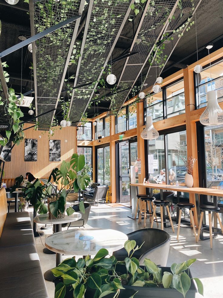 the interior of a restaurant with lots of plants