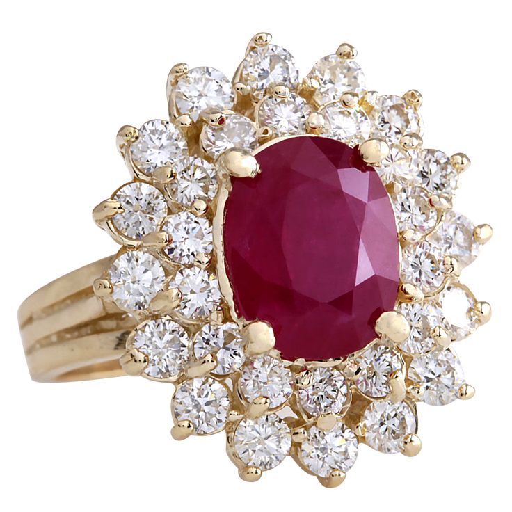 Stamped: 14K Yellow Gold Total Ring Weight: 8.5 Grams Ring Length: N/ARing Width: N/A Gemstone Weight: Total Natural Ruby Weight is 3.62 Carat (Measures: 10.20x7.90 mm) Color: Red Diamond Weight: Total Natural Diamond Weight is 2.10 Carat Quantity: 30 Color: F-G, Clarity: VS2-SI1 Face Measures: 21.20x18.90 mm Sku: [702624W] Gia Certified Yellow Gold Cluster Ring, Fine Jewelry Gold Ruby Ring Gia Certified, Gold Gia Certified Ruby Ring, Gia Certified 14k Gold Ruby Ring, Formal Gia Certified 14k Gold Ruby Ring, Gia Certified Yellow Gold Ruby Ring, Classic Multi-stone Ruby Cluster Ring, Classic Ruby Multi-stone Cluster Ring, Classic Ruby Cluster Ring With Multi-stones