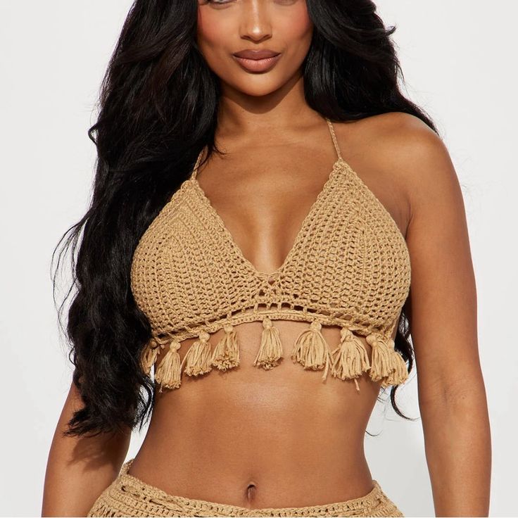 Fashion Nova Size Large “When The Beat Drops Set Taupe “ Bralet For Sale Only, Does Not Include Pants 100% Acrylic Made In China Beach Beige Knit Crop Top, Beige Knit Crop Top For The Beach, Beige Cropped Crochet Top For Beach, Beige Crochet Trim Crop Top For Vacation, Beige Crop Top With Crochet Trim For Vacation, Fitted Beige Crop Top With Crochet Trim, When The Beat Drops, Knitted Bralette, Beat Drop