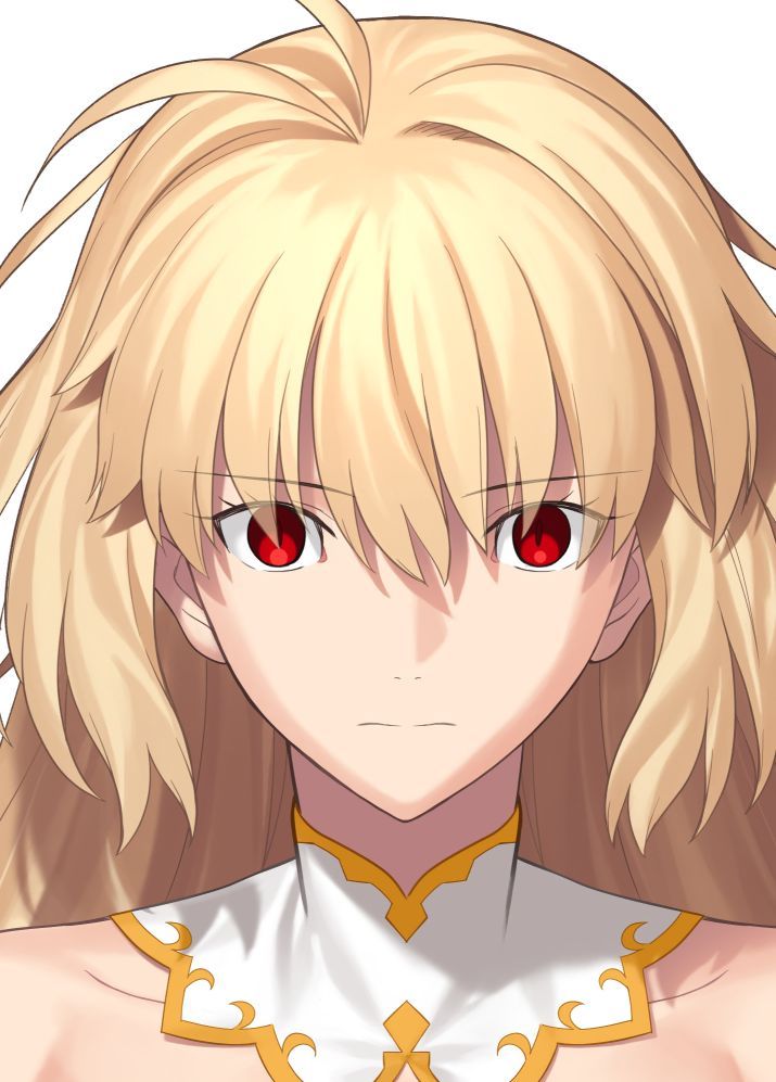 an anime character with blonde hair and red eyes wearing a white shirt, gold collared dress