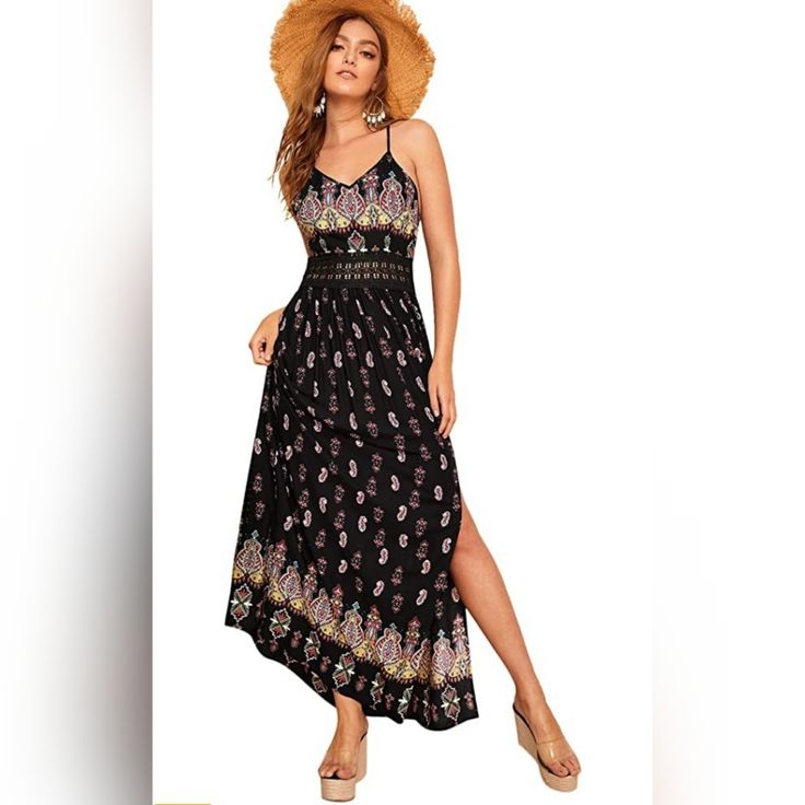 100% Rayon,Fabric Has No Stretch Waist Tied, Buttons Up, Spaghetti Straps, V Neck, Split Non-Stretch, Strappy, Summer, Tribal Printed, Boho Style, For Beach Or Casual Wear Model: Height:173cm/5'8", Bust:89cm/35", Waist:60cm/24", Hip:90cm/35", Wear: Size S, Wearing A Pair Of 4.5" High Heels Black Spaghetti Strap Maxi Dress For Beach Season, Black Maxi Dress With Spaghetti Straps For Beach Season, Black Spaghetti Strap Dress For Beach, Black Floral Print Maxi Dress For Beach, Black Floral Print Maxi Dress For The Beach, Black Floral Maxi Dress For Beach, Rayon Maxi Dress With Spaghetti Straps For Beach, Black Floral Print Maxi Dress For Beach Season, Black Bohemian Sundress For Beach