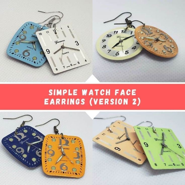 four different types of clock earrings with numbers and times on the front, two are blue, one is yellow