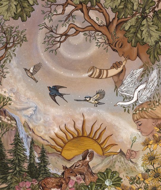 a painting with animals and birds in the sky above trees, flowers, and stars