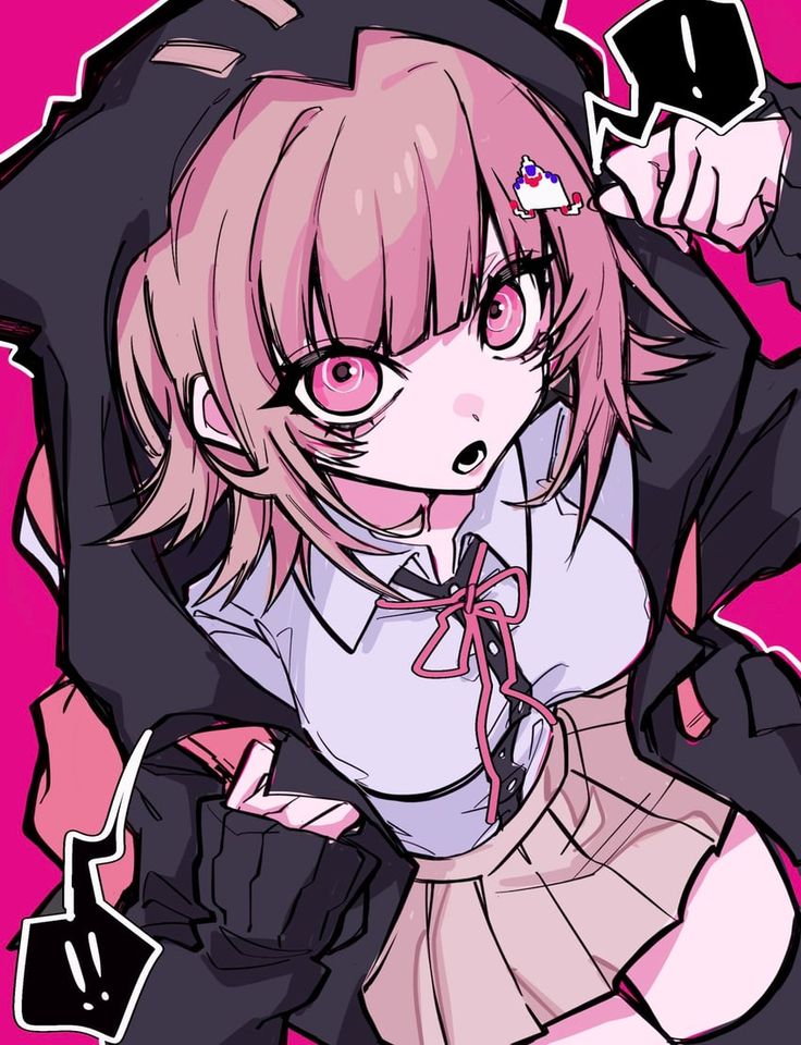 an anime character with pink hair and black clothes