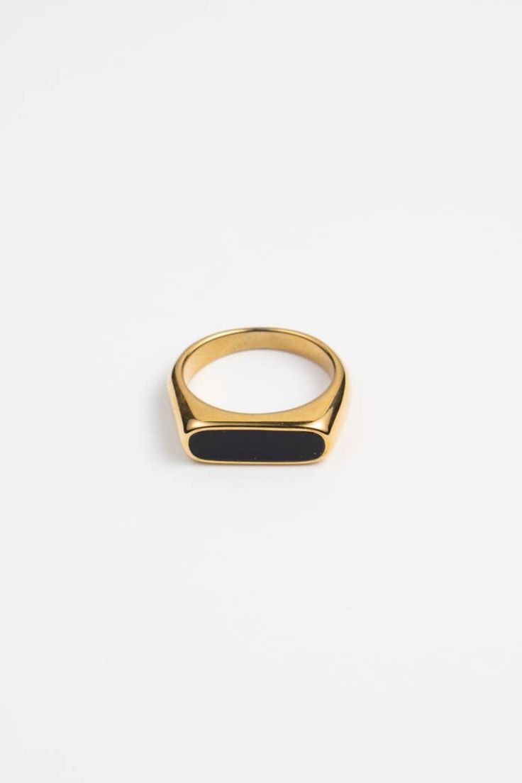 Introducing the black stone version of one of our favorites. This classic color combination is sure to match any outfit for any occasion. 18K gold over stainless steel Water Resistant Hypoallergenic Everyday Black Signet Ring With Polished Finish, Elegant Black Stainless Steel Rings, Elegant Stainless Steel Signet Ring, Minimalist Stainless Steel Rings For Formal Occasions, Classic Gold Stainless Steel Signet Ring, Minimalist Stainless Steel Signet Ring For Formal Occasions, Classic Stainless Steel Signet Ring For Formal Occasions, Elegant Stainless Steel Signet Ring For Formal Occasions, Elegant Stainless Steel Open Signet Ring