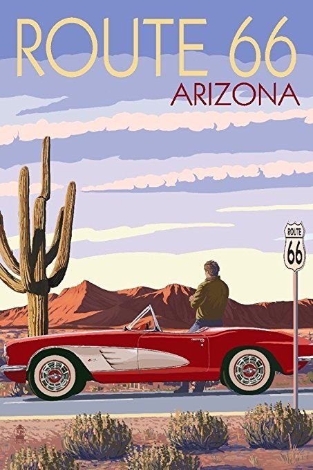 a painting of a man driving a red car in front of a saguada