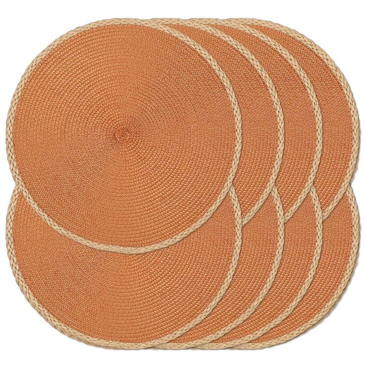 four orange placemats with white rope on each side and an oval shape in the middle