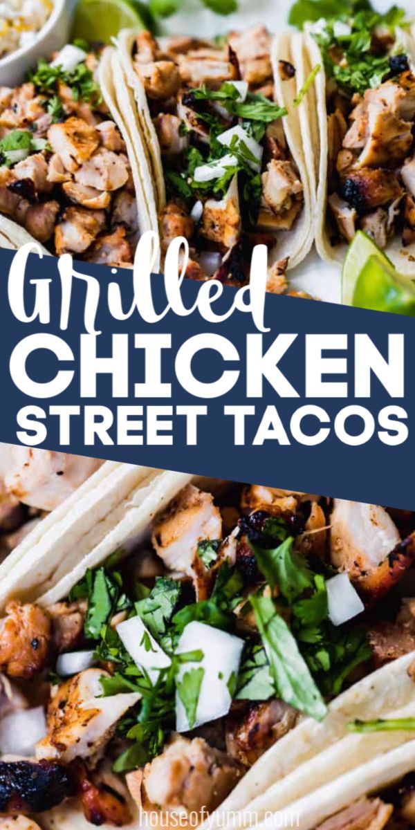 grilled chicken street tacos with cilantro and limes on the side