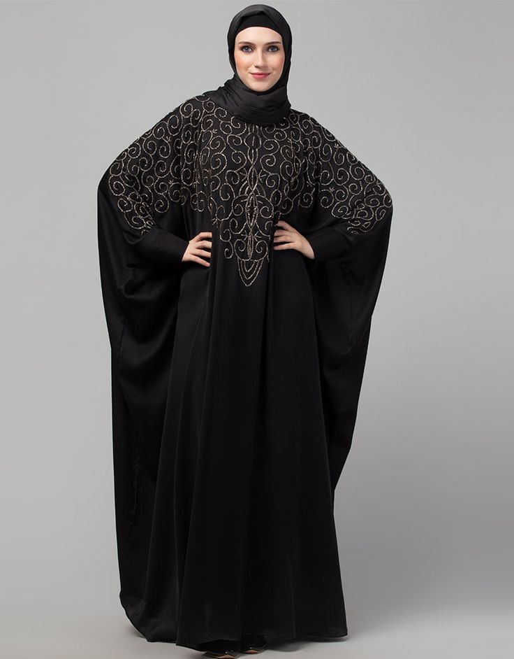 Trendy Black Shine Nida Golden Embroidery Abaya Front View Embroidery Abaya, Golden Embroidery, Modest Wear, Night Party, Embroidery Work, Party Night, Dress Length, Daily Wear, Size Chart