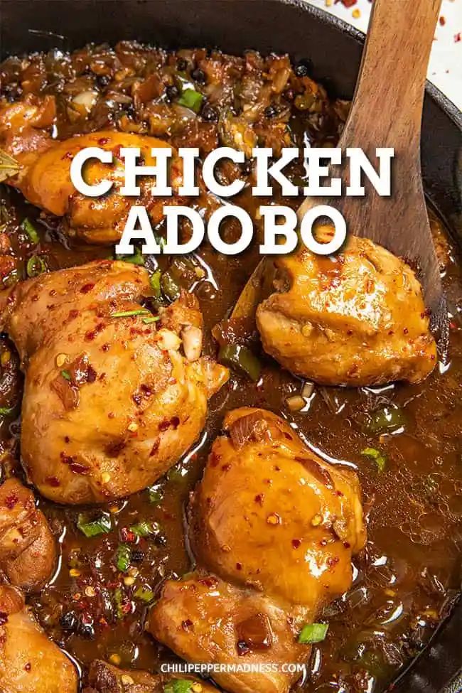 chicken adobo in a skillet with the words chicken adobo above it