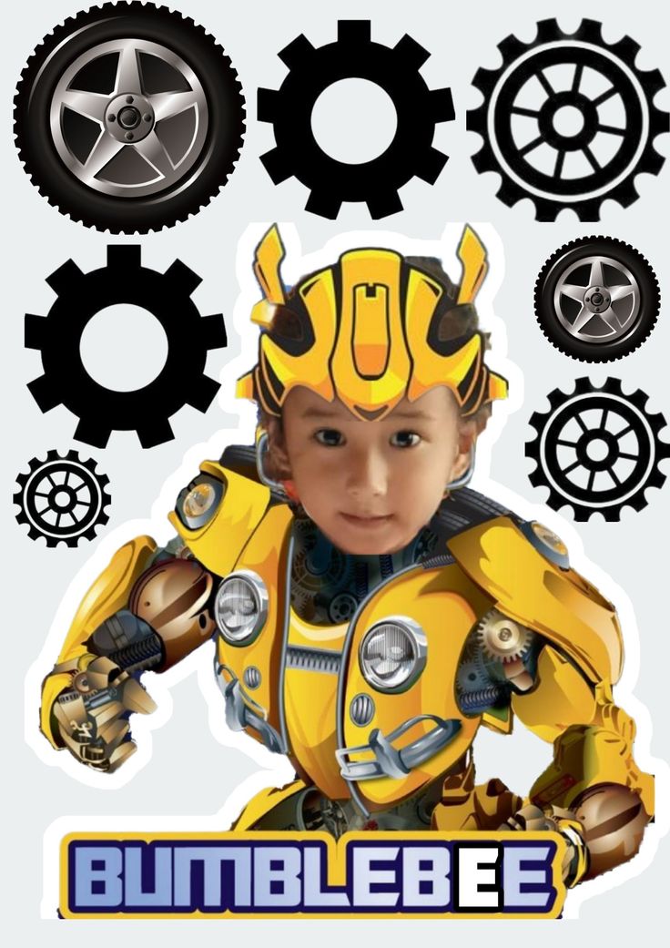 an image of a boy in a bumblebee suit with gears on the background