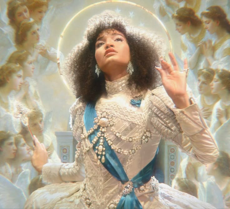 a woman in a white dress is surrounded by angels and holding her hands up to the sky