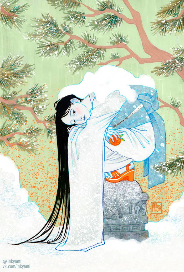 a painting of a woman holding an umbrella next to a snow - covered pine tree