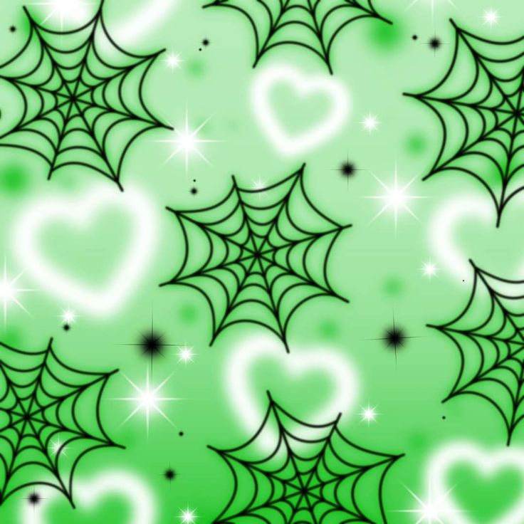 a green background with hearts and spider webs