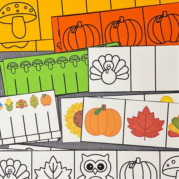 thanksgiving themed printables for kids to color and cut out with leaves, owls, pumpkins, and acorns