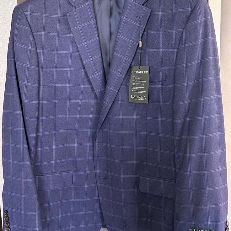 Navy With Light Blue Plaid. Ralph Lauren Ultraflex Sports Coat. New With Tags. Never Worn. Perfect Condition. Size 46 Regular. Ralph Lauren Tailored Casual Sport Coat, Casual Tailored Ralph Lauren Sport Coat, Casual Fitted Ralph Lauren Sport Coat, Ralph Lauren Semi-formal Sport Coat, Luxury Ralph Lauren Semi-formal Blazer, Mens Blazer Black, Ralph Lauren Semi-formal Suits With Welt Pockets, Luxury Button-up Sport Coat With Patch Pockets, Wool Blazer Mens