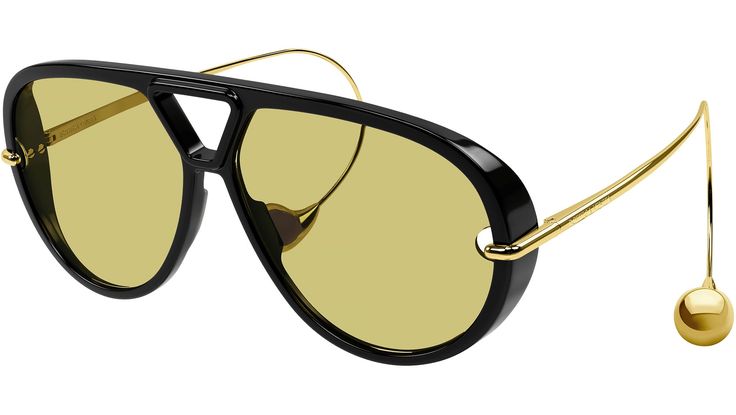 Bottega Veneta Drop Aviator sunglasses model BV1273S from Unapologetic eyewear line, color code 003 shiny solid black recycled acetate, geometric frame shape with solid mustard lens. Bottega Veneta Glasses, Bottega Sunglasses, Bottega Veneta Sunglasses, Vogue Kids, Sunglasses 2024, Chloe Kids, Sunglasses Model, Geometric Frame, Stylish Sunglasses