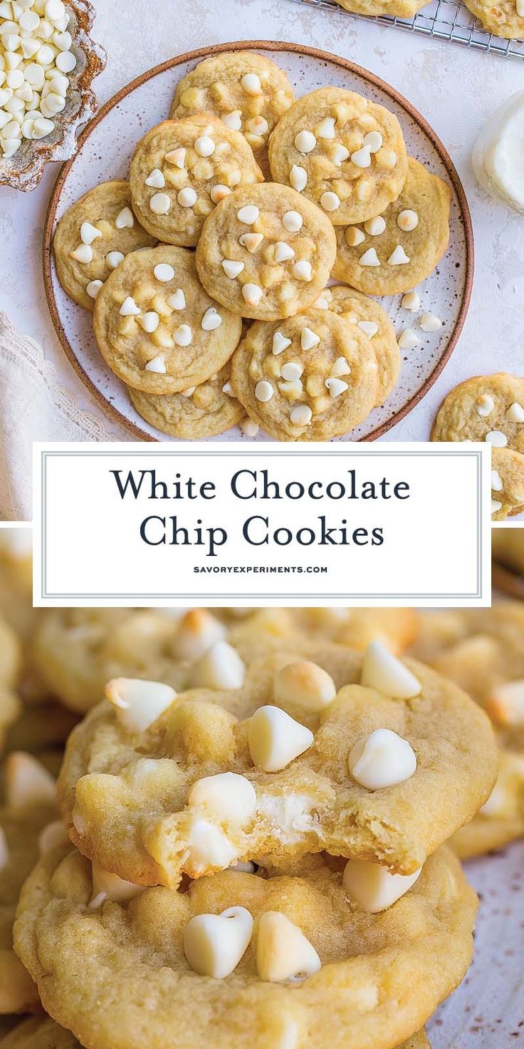 white chocolate chip cookies with marshmallows on top and in the background, there is a plate full of cookies