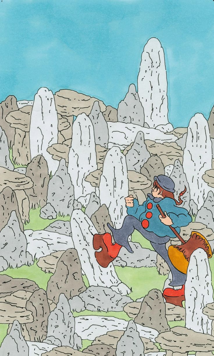 a drawing of a person jumping over rocks