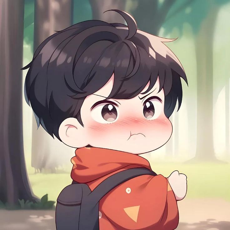 a young boy with black hair wearing a red shirt and backpack standing in the woods