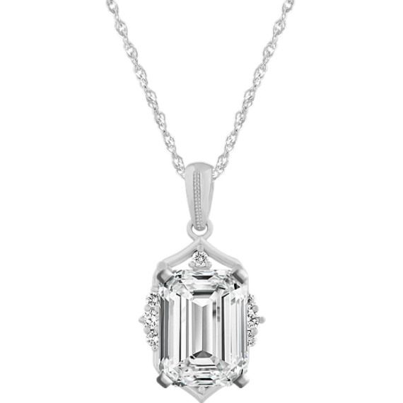 This lovely pendant has eight brilliant round diamonds  at approximately .10 carat total weight  that serve as the perfect backdrop to the 1.75 carats emerald-cut center gemstone of your choice. Crafted from quality 14 karat white gold  this pendant measures ¾ of an in length  hangs from a matching adjustable 22-inch Singapore chain and is secured with a lobster clasp. For more information on selecting your center stone  Live Chat or call an online customer service representative at 1-866-467-42 Diamond Necklace With Rectangular Pendant, Classic Baguette Cut Diamond Necklace For Formal Occasions, Rectangular Diamond Cut Diamond Necklace, Diamond Octagon Necklace With Brilliant Cut, Emerald Cut Diamond Necklace With Vvs Clarity, Classic Vvs Clarity Baguette Cut Diamond Necklace, Classic Diamond White Baguette Cut Diamond Necklace, Fine Jewelry Diamond Necklace With Octagon Shape, Fine Jewelry Diamond Octagon Necklace