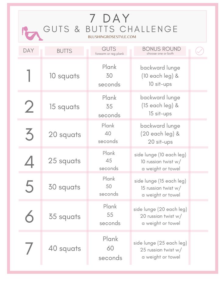 the 7 day out and butts challenge is shown in pink, with text that says it