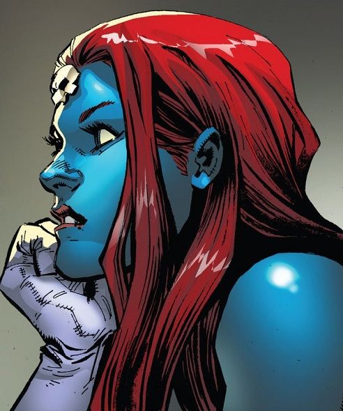 an image of a woman with red hair and blue skin looking to her left side