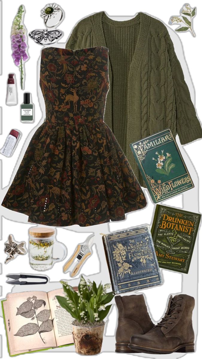 Soft Summer Cottagecore, Cottagecore Meets Dark Academia, Forest Core Aesthetic Outfits, Floral Academia Outfit, Dark Academia Fairycore, Witch Summer Aesthetic, Green Fairy Outfits, Witch Academia Fashion, Green Academia Aesthetic Outfits