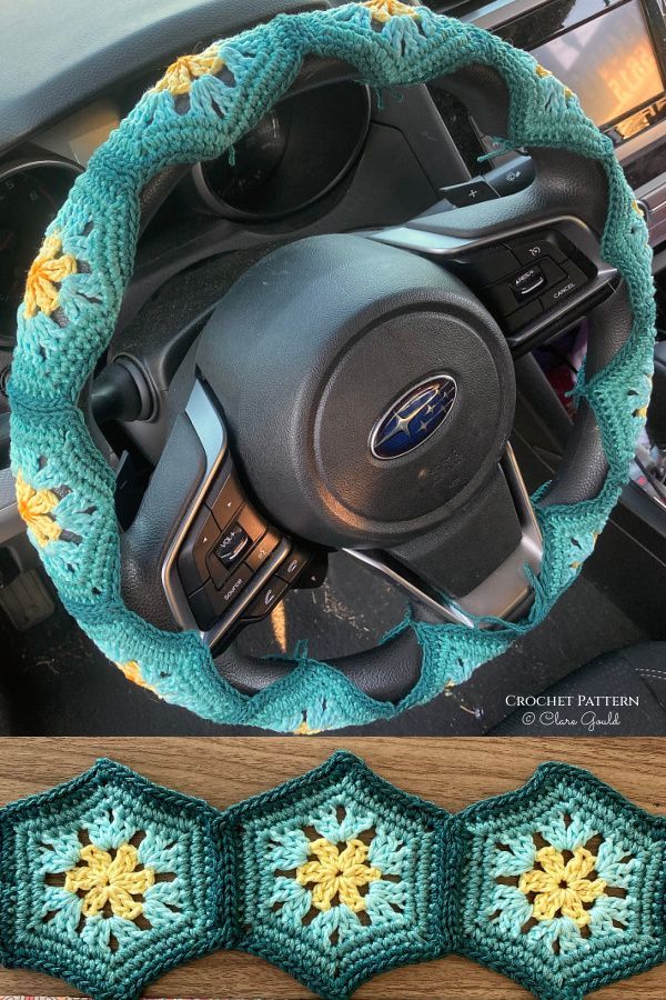 the steering wheel cover is crocheted with yellow flowers