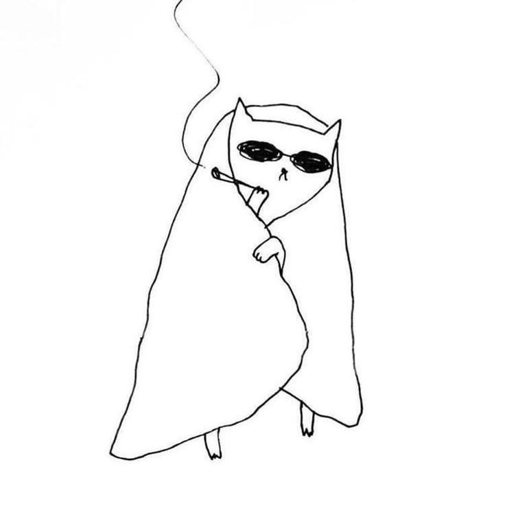 a black and white drawing of a cat wearing a cape