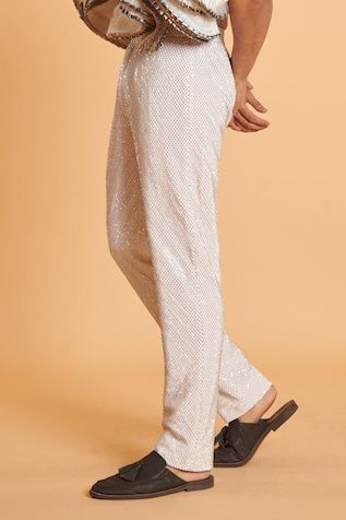 Ivory pant with crystal mesh embellished jaali patterns. - Aza Fashions Mesh Pants, Cocktail Reception, Types Of Work, Casual Trousers, Pants Pattern, Aza Fashion, Mesh Fabric, Mens Bottom, Mens Pants