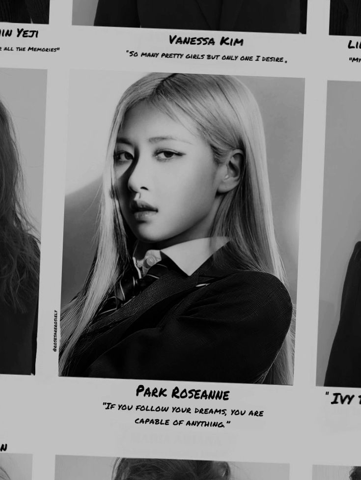 Rosé ftom blackpink in a school year book, black&white photo Blackpink School, Rosé School, Yearbook Photoshoot, Yearbook Photos, Year Book, Rose Blackpink, Roblox Funny, Diy Crafts For Gifts, School Humor