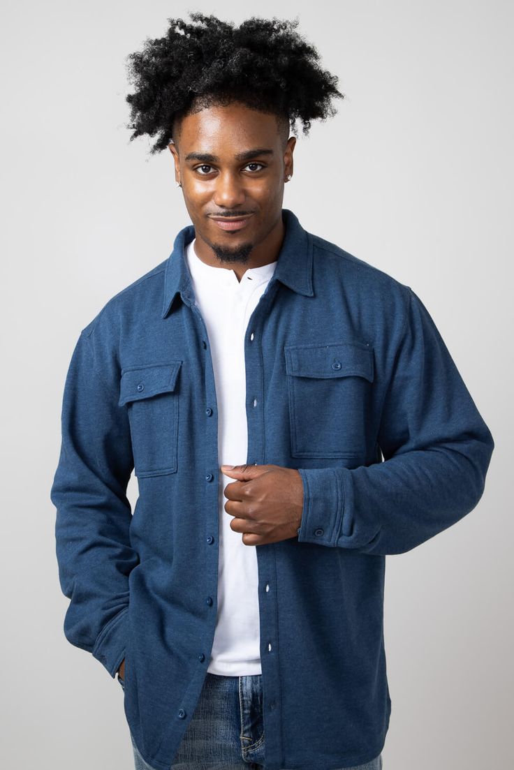 We are loving this Simply Southern Shacket for Men in Denim! This trendy piece features a solid color, button front construction, soft material and relaxed fit. This can be worn by itself or under a basic tee! Features: Simply Southern Style: PP-0224-MN-SHKT-KNIT-DENIM Color: Denim 60% Cotton 40% polyester Men’s shacket and jacket Button down front with two button chest pockets Button sleeve cuffs and fold down collar Relaxed fit Soft lining Measurements from size large: Length from center back: 30” Chest: 45" Hand wash cold, dry flat Casual Washed Blue Outerwear With Relaxed Fit, Casual Blue Shacket With Patch Pockets, Casual Washed Blue Outerwear For Everyday, Casual Everyday Washed Blue Outerwear, Casual Unstructured Outerwear With Snap Buttons, Casual Winter Shirt With Buttoned Pockets, Casual Medium Wash Shacket With Pockets, Casual Shacket With Buttoned Pockets, Casual Medium Wash Shacket For Everyday