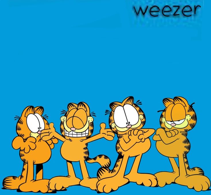 garfield the cat cartoon wallpaper with three other characters in front of blue background and text that says weezer