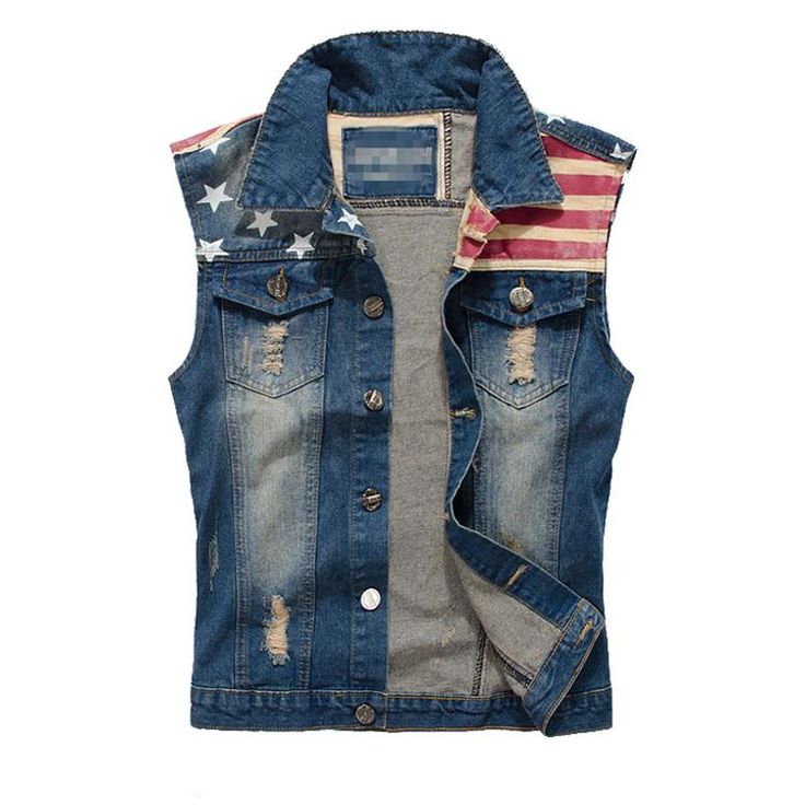 Motorcycle Enthusiasts! Want to create a layered outfit? Retro Patriotic Distressed Denim Vest is a good choice for you. Because wearing a denim vest will expose your underlying shirt or top. An elegant design denim vest, also suitable for parties, outside activities, dates, business work, and other casual occasions in all seasons. Features: 80% cotton, 20% polyester, feel soft and comfortable Retro Buttons front closure Turn-down collar Twin front chest pockets with stud fastening American Flag Denim Vest Men, Sleeveless Jean Jackets, Denim Waistcoat, Americana Vintage, Worker Jacket, Denim Vests, Jean Jacket Men, Denim Crop Top, Jackets Men Fashion