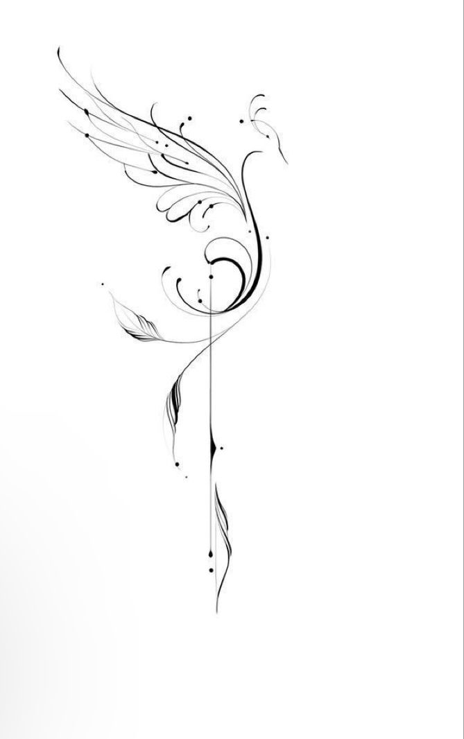 a black and white drawing of a bird with swirls on it's wings