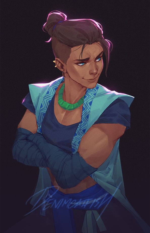 a drawing of a woman with her arms crossed, wearing a blue top and green necklace