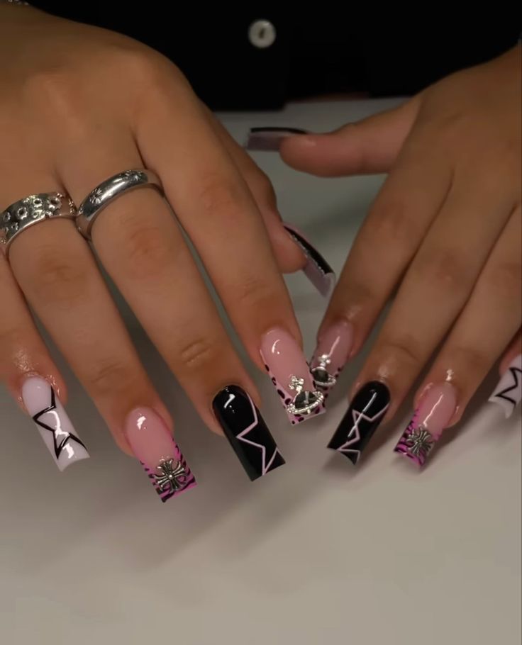 French Tip Nails With Design And Charms, Nail Designs To Do On Yourself, Black Medium Length Nails, Dramatic Edges Natural Hair, Y2k Nails Medium Length, Unique Square Acrylic Nails, Short Full Set Nails, Medium Nail Sets, 2000s Nails Acrylic Y2k