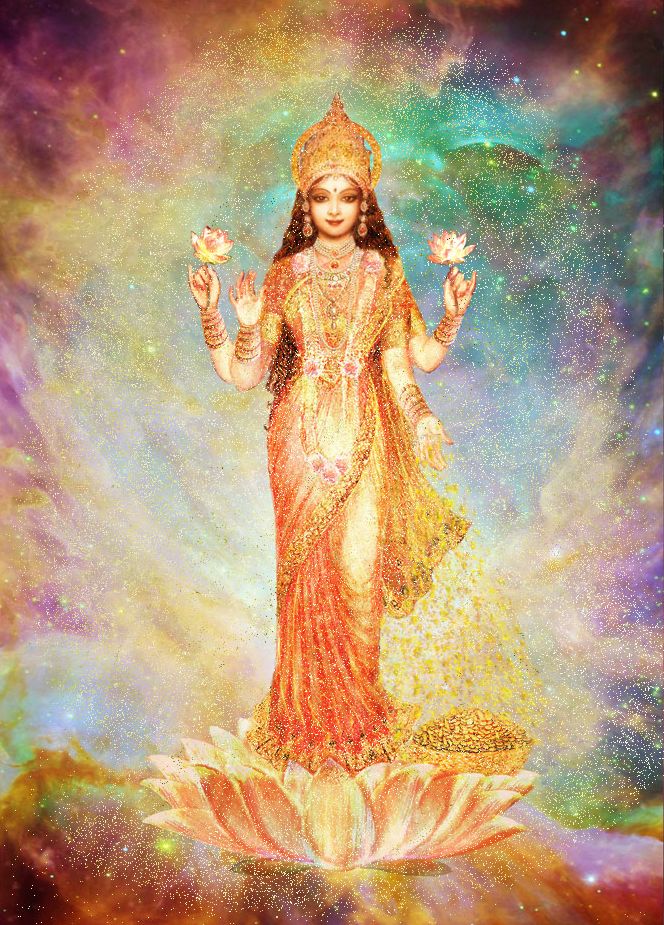 an image of the hindu goddess standing on top of a lotus in front of stars