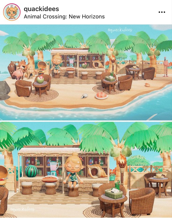 an animal crossing new horizon is shown in two separate screens, each with different scenes