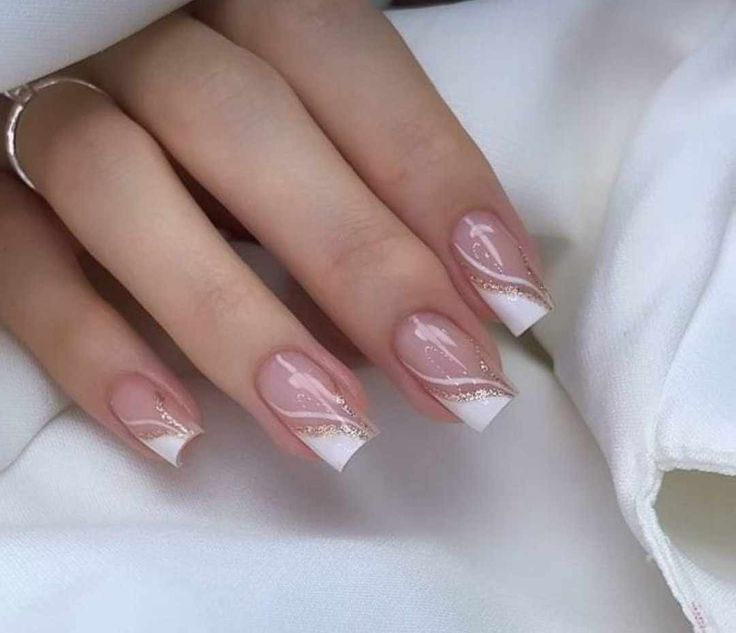 Nail Art Designs In White Colour, Simple Nail Designs With French Tip, White Nails With Designs Gel, Nail Art With White Polish, White French Manicure With Glitter, French Nails Wedding Brides, White Gel Polish Designs, Elegant Square Nail Designs, Gel Biab Nails