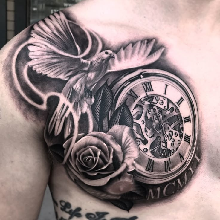 a man with a clock and rose tattoo on his chest